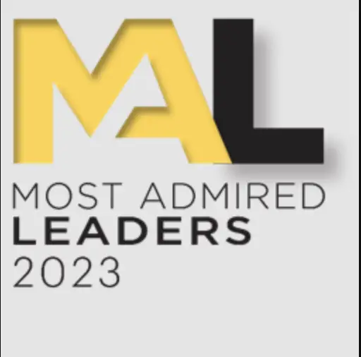 The image showcases a logo with large yellow letters MAL and a subtle shadow effect. Below, in smaller black text, it reads MOST ADMIRED LEADERS 2023 on a light gray background. The design evokes the trust and care found at top preschools near me.